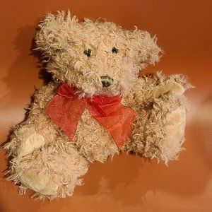 Pier 1 Imports Tan Curly Teddy Bear Plush Stuffed Animal red ribbon 7" looks new